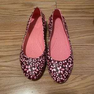 burgundy with pink flowers CROCS flats